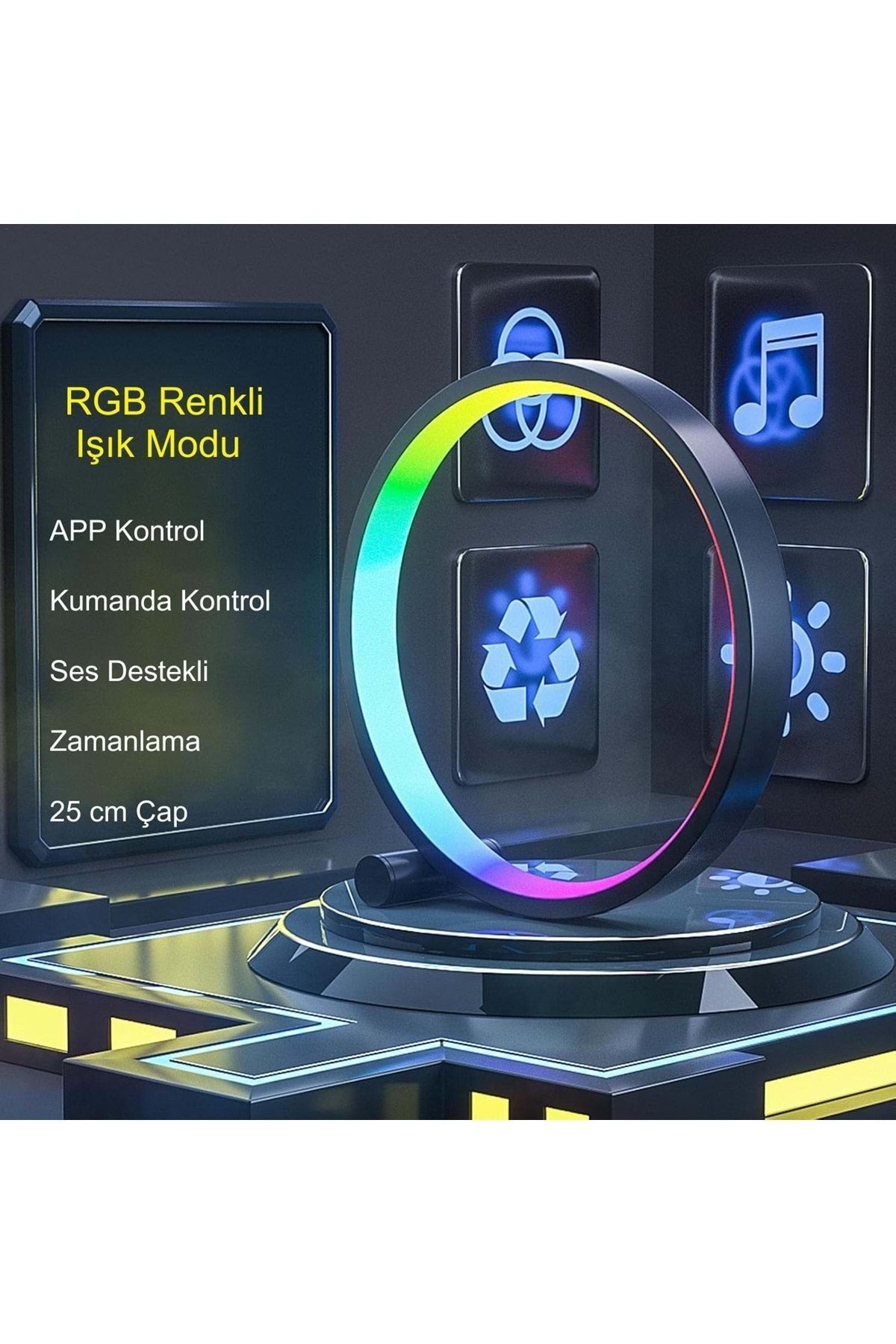 HyMark 10 İnç Akıllı RGB Müzik Ritim Gece Lambası 25cm Alüminyum Halka Led Işığı Masa Lamba