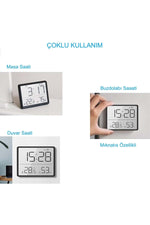 HyMark Mıknatıslı LCD Dijital Ekran 9x7 cm Pilli Mini Saat Alarm Nem Göstergesi Sıcaklık Ölçer
