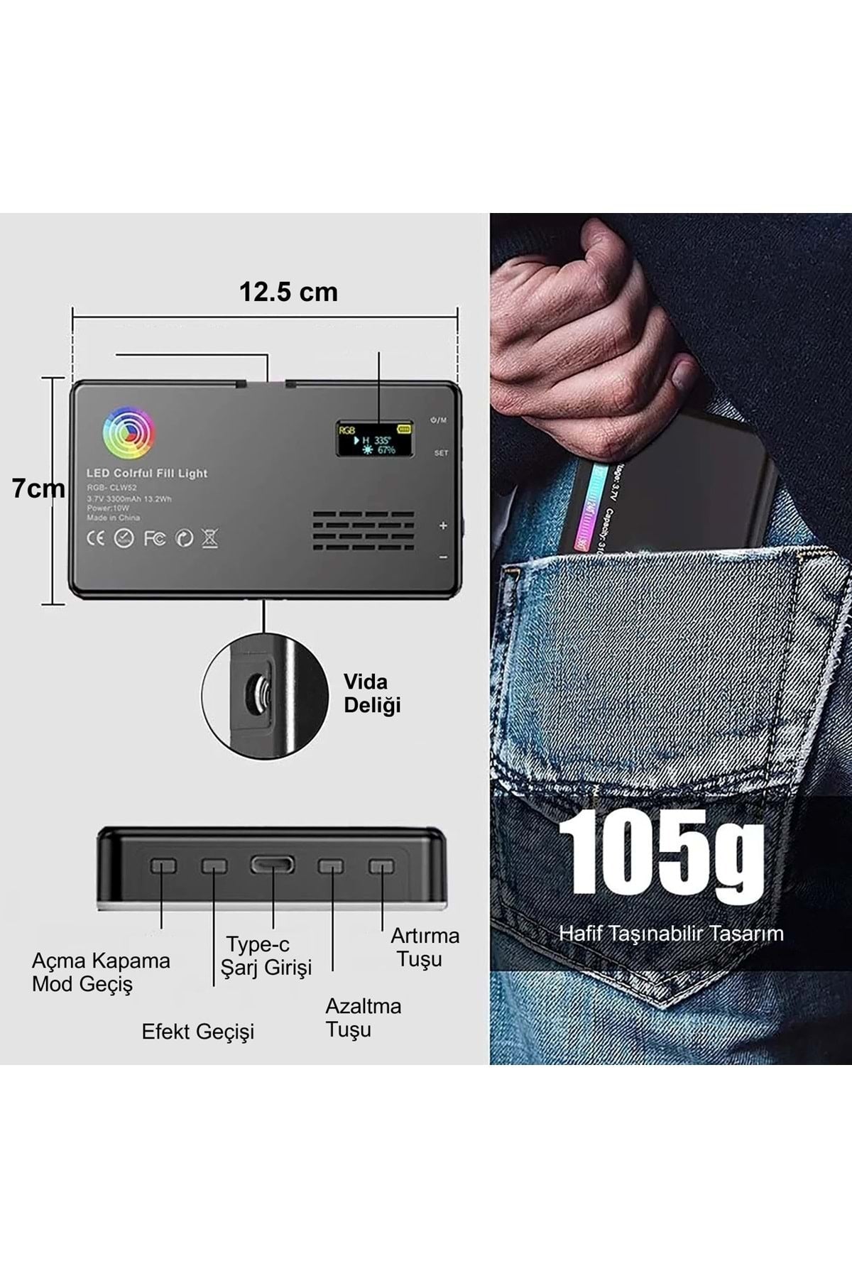 HyMark RGB-CL120 LED Video Fotoğraf Dolgu Işığı 9000K LCD Ekran 20 Efekt DSLR Vlog Canlı Yayın