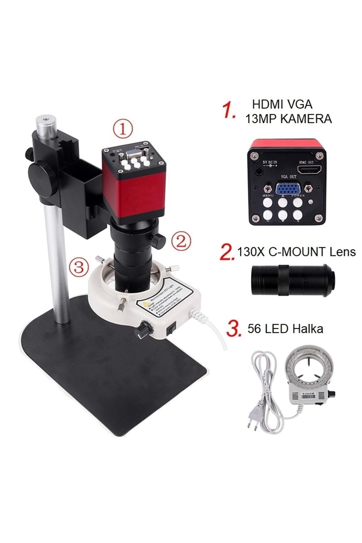 HyMark 13mp Hd 60f/s Endüstriyel Mikroskop Kamera 130xc Montaj Lensi 56 Led Halka Işık