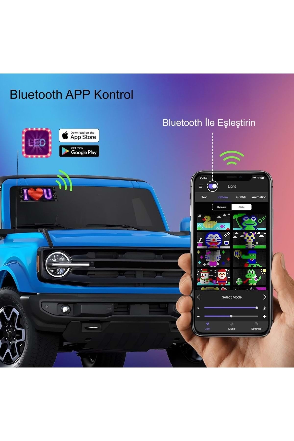 HyMark Programlanabilir 17x7cm Matrix Kayan Yazı LED Ekran Araba Bluetooth APP Kontrol